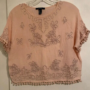 Forever 21  Embroidered Dolman Sleeve Top border trim woven Top - White Sz M